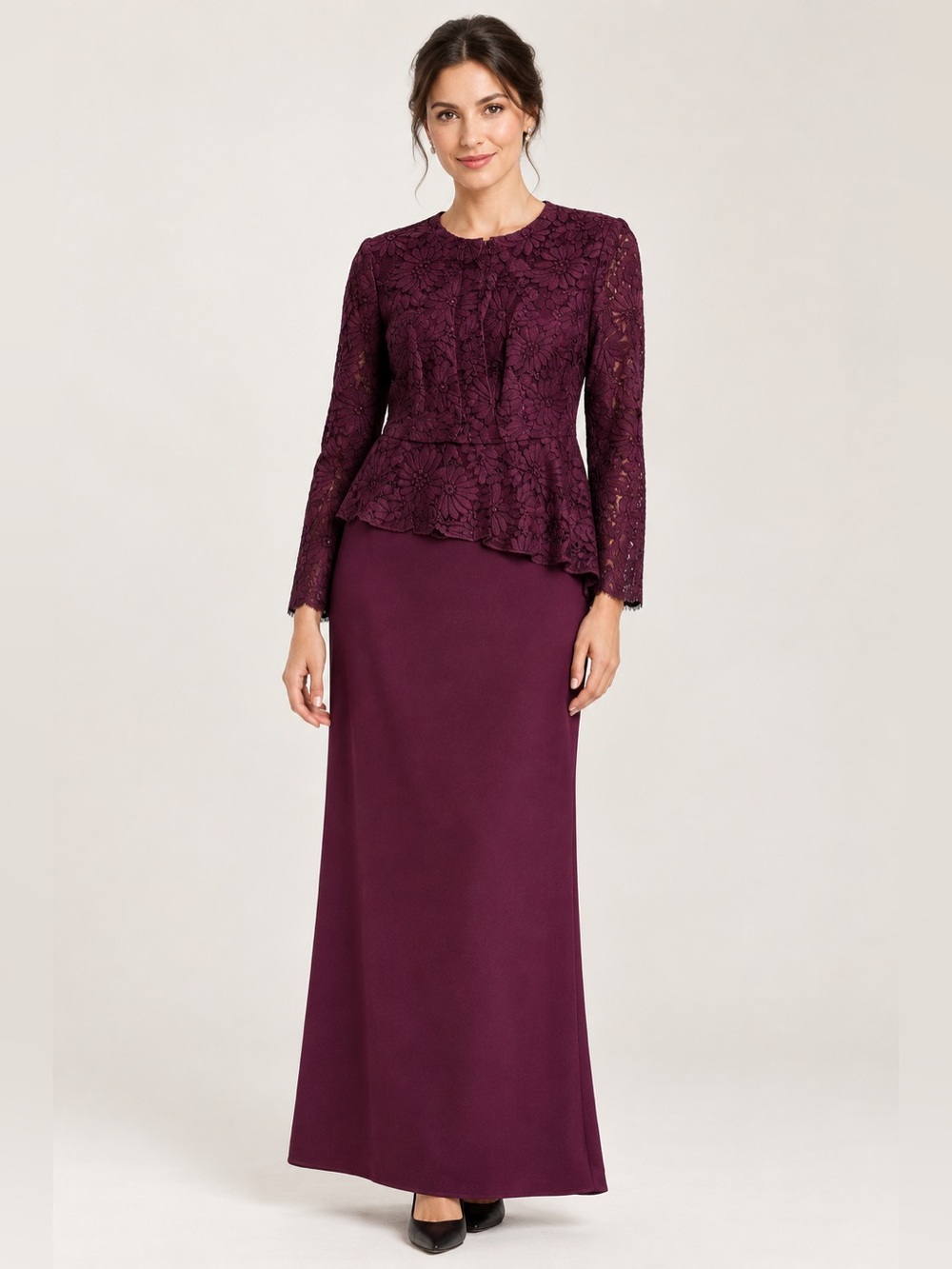 INAYAH Peplum Lace Gown Maroon Modest
